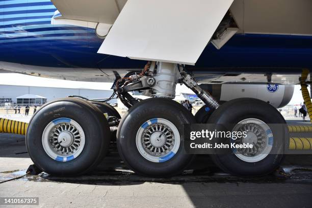The undercarriage landing gear with GoodYear Flight Radial Tyres of a Boeing 777X during the Farnborough International Airshow 2022 on July 19, 2022...