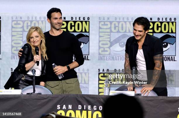 Sarah Michelle Gellar, Tyler Hoechlin, and Tyler Posey speak onstage at the "Teen Wolf: The Movie" panel during 2022 Comic-Con International: San...