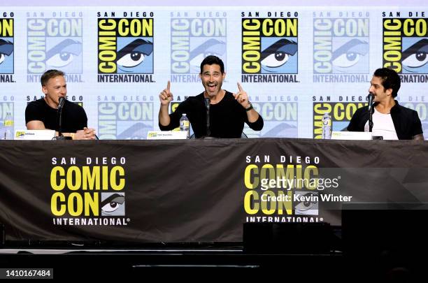 Jeff Davis, Tyler Hoechlin, and Tyler Posey speak onstage at the "Teen Wolf: The Movie" panel during 2022 Comic-Con International: San Diego at San...