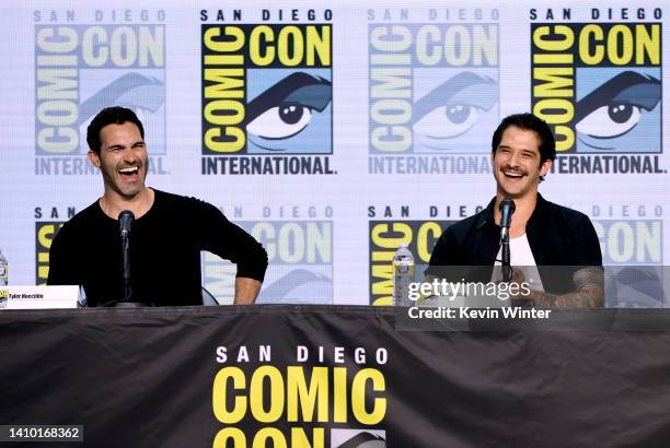 Tyler Hoechlin and Tyler Posey speak onstage at the "Teen Wolf: The Movie" panel during 2022 Comic-Con International: San Diego at San Diego...