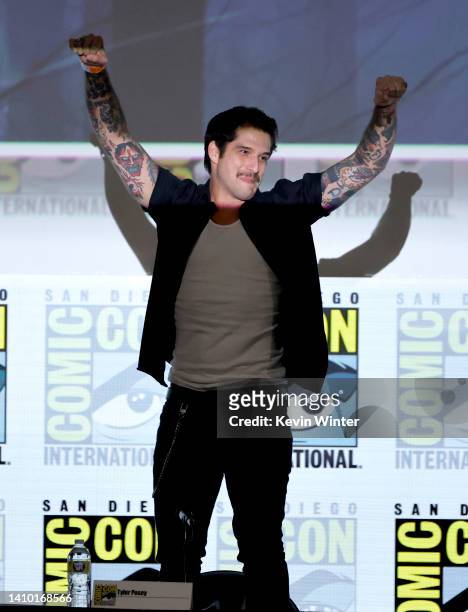 Tyler Posey speaks onstage at the "Teen Wolf: The Movie" panel during 2022 Comic-Con International: San Diego at San Diego Convention Center on July...