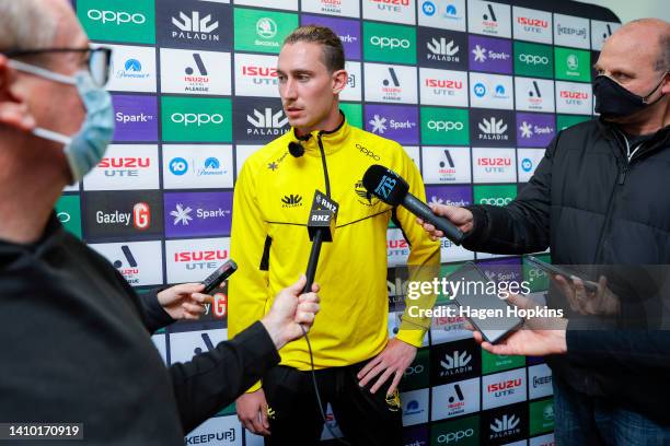 New signing Bozhidar Kraev speaks to media during a Wellington Phoenix A-League media opportunity at Martin Luckie Park on July 22, 2022 in...