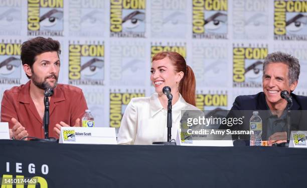 Adam Scott, Britt Lower, and Ben Stiller speak onstage at the Inside "Severence" Panel during 2022 Comic-Con International: San Diego at San Diego...