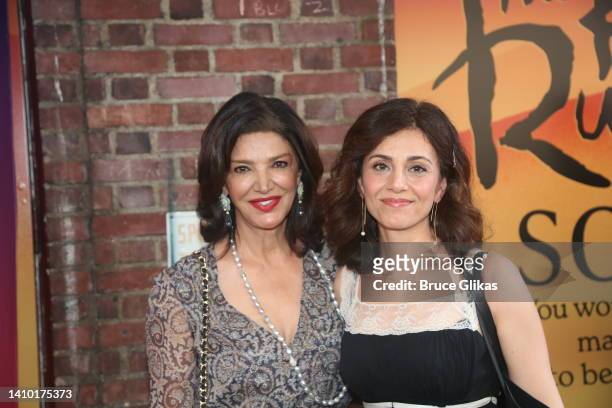 Shohreh Aghdashloo and Marjan Neshat pose at the opening night of the new play "The Kite Runner" on Broadway at The Hayes Theater on July 21, 2022 in...
