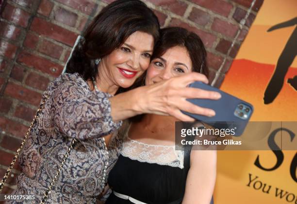 Shohreh Aghdashloo and Marjan Neshat pose at the opening night of the new play "The Kite Runner" on Broadway at The Hayes Theater on July 21, 2022 in...