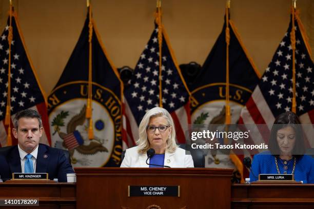 Rep. Liz Cheney presides over a hearing of the House Select Committee to Investigate the January 6th Attack on the U.S. Capitol with Rep. Adam...