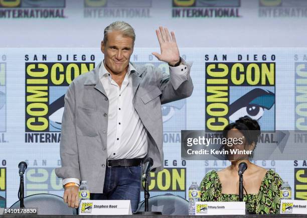 Dolph Lundgren and Tiffany Smith speak onstage at the "Masters of the Universe: 40 Years" panel during 2022 Comic-Con International: San Diego at San...