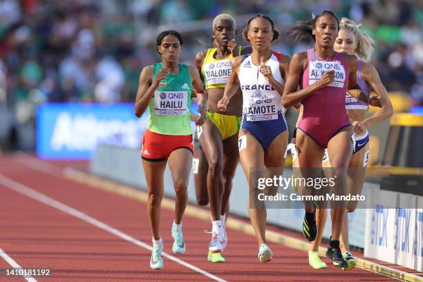 Renelle Lamote of Team France and Ajee Wilson of Team United States compete in the Women's 800m heats on day seven of the World Athletics...