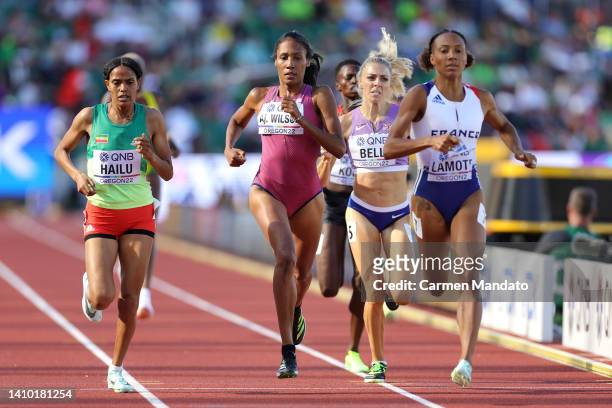 Freweyni Hailu of Team Ethiopia, Ajee Wilson of Team United States and Renelle Lamote of Team France compete in the Women's 800m heats on day seven...