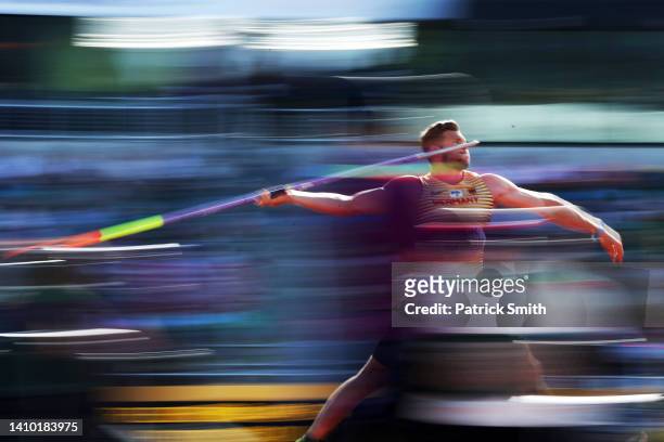 Andreas Hofmann of Team Germany competes in the Men's Javelin Throw qualification on day seven of the World Athletics Championships Oregon22 at...