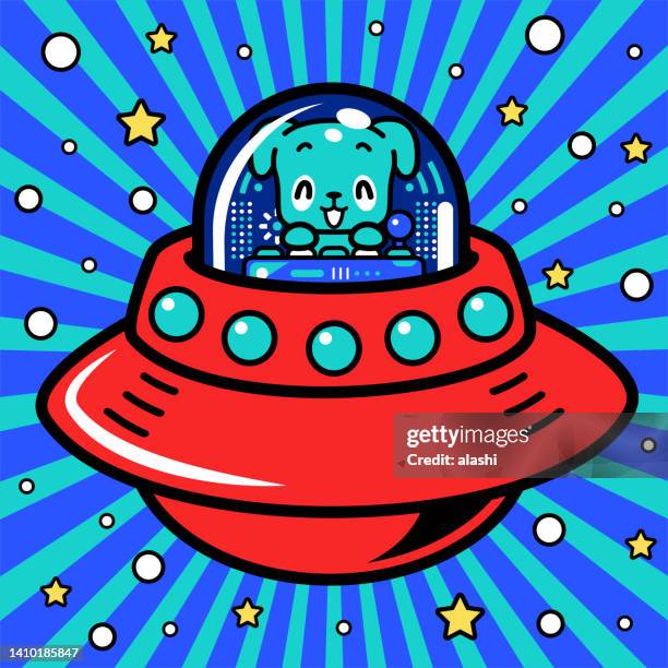 a cute dog astronaut is piloting an unlimited power spaceship or ufo into the metaverse - chinese new year dog stock illustrations