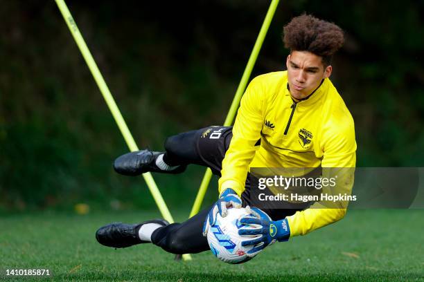 Alex Paulsen takes part in a drill during a Wellington Phoenix A-League media opportunity at Martin Luckie Park on July 22, 2022 in Wellington, New...