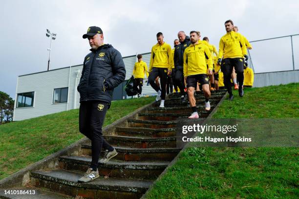 Coach Ufuk Talay leads his team onto the field during a Wellington Phoenix A-League media opportunity at Martin Luckie Park on July 22, 2022 in...