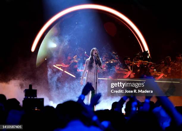 Danna Paola performs during Premios Juventud 2022 at Coliseo de Puerto Rico José Miguel Agrelot on July 21, 2022 in San Juan, Puerto Rico.