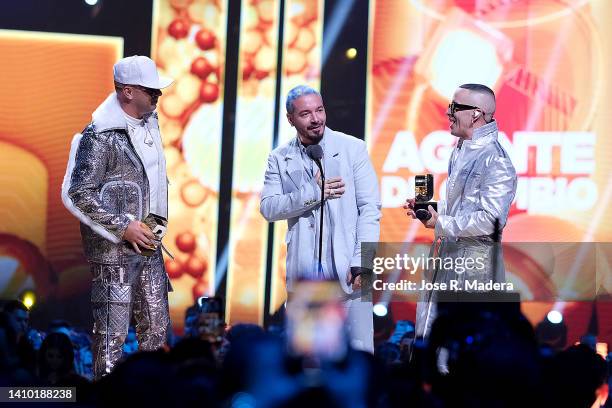 Wisin y Yandel, and J Balvin speak on stage during Premios Juventud 2022 at Coliseo de Puerto Rico José Miguel Agrelot on July 21, 2022 in San Juan,...