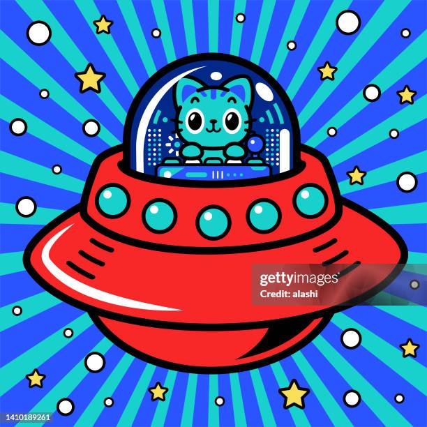 ilustrações de stock, clip art, desenhos animados e ícones de a cute cat astronaut is piloting an unlimited power spaceship or ufo into the metaverse - cat food