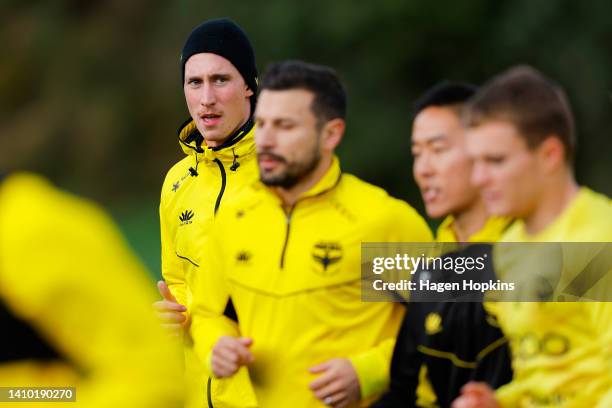 New signing Bozhidar Kraev looks on during a Wellington Phoenix A-League media opportunity at Martin Luckie Park on July 22, 2022 in Wellington, New...