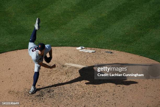 Garrett Hill of the Detroit Tigers pitches in the top of the sixth inning against the Oakland Athletics during game two of a doubleheader at...