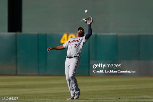 Jonathan Schoop of the Detroit Tigers catches a fly ball hit by Tony Kemp of the Oakland Athletics in the bottom of the fifth inning during game two...