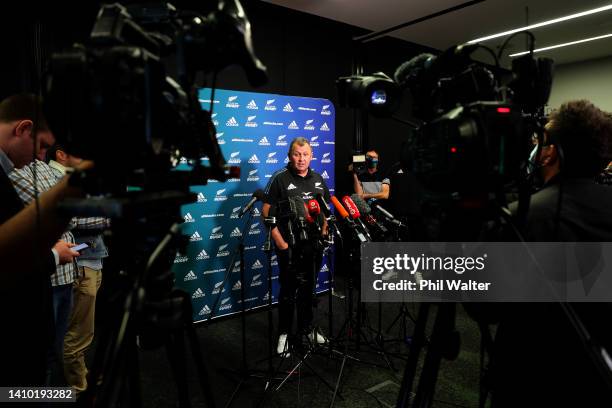 New Zealand All Blacks coach Ian Foster speaks to the media during a New Zealand All Blacks media opportunity at Novotel Auckland Airport on July 22,...