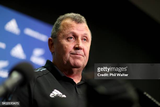 New Zealand All Blacks coach Ian Foster speaks to the media during a New Zealand All Blacks media opportunity at Novotel Auckland Airport on July 22,...