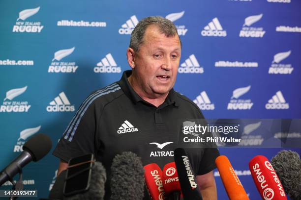 New Zealand All Blacks coach Ian Foster speaks to the media during a New Zealand All Blacks media opportunity at Novotel Auckland Airport on July 22,...