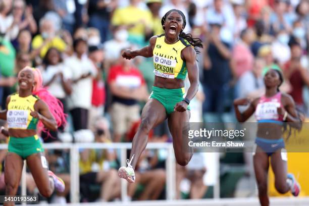 Shericka Jackson of Team Jamaica celebrates after winning the Women's 200m Final on day seven of the World Athletics Championships Oregon22 at...