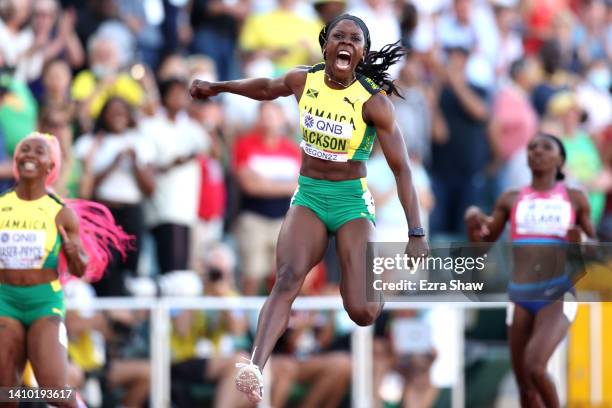 Shericka Jackson of Team Jamaica celebrates after winning gold in the Women's 200m Final on day seven of the World Athletics Championships Oregon22...