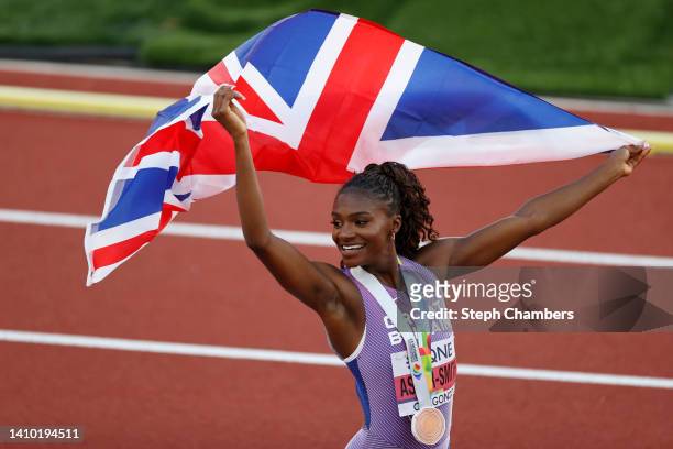 Dina Asher-Smith of Team Great Britain celebrates after winning bronze in the Women's 200m Final on day seven of the World Athletics Championships...