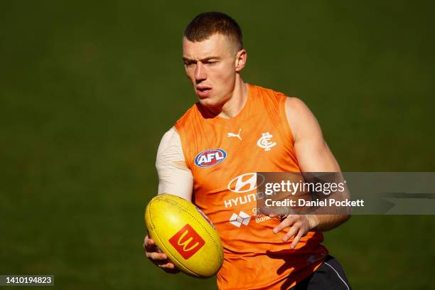 Patrick Cripps of the Blues in action during a Carlton Blues AFL training session at Ikon Park on July 22, 2022 in Melbourne, Australia.