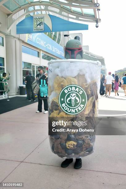 Cosplayer wears a mashup Boba Tea Fett costume from "Star Wars" at the 2022 Comic-Con International: San Diego on July 21, 2022 in San Diego,...