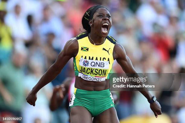 Shericka Jackson of Team Jamaica celebrates after winning gold in the Women's 200m Final on day seven of the World Athletics Championships Oregon22...