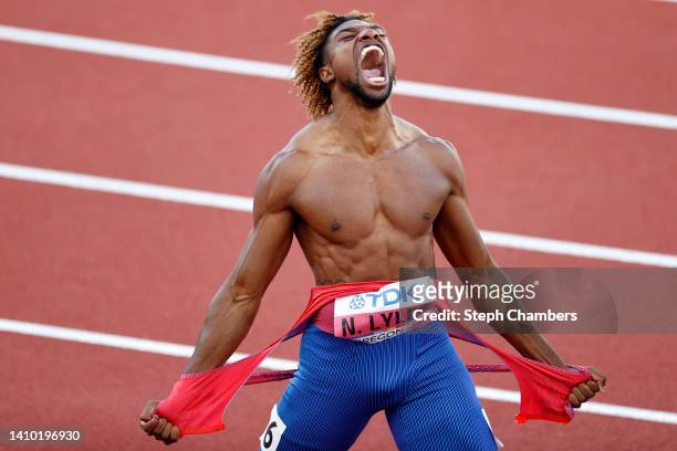 Noah Lyles of Team United States celebrates winning gold in the Men's 200m Final on day seven of the World Athletics Championships Oregon22 at...