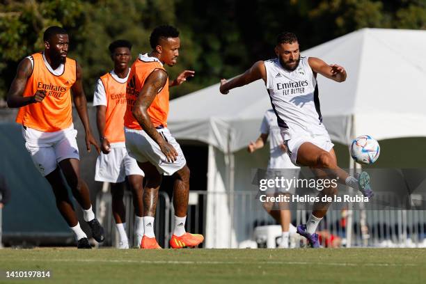 Karim Benzema of Real Madrid trains with his teammates at UCLA Campus on July 21, 2022 in Los Angeles, California.