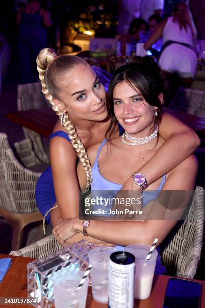 Jasmine Sanders and Sara Sampaio attend the CELSIUS Arctic Vibe Launch Party at Joia Beach Club on July 21, 2022 in Miami Beach, Florida.