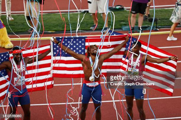 Silver medalist Kenneth Bednarek of Team United States, gold medalist Noah Lyles of Team United States and bronze medalist Erriyon Knighton of Team...
