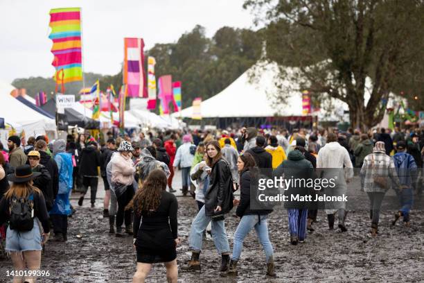 Festival goers are seen at Splendour in the Grass 2022 at North Byron Parklands on July 22, 2022 in Byron Bay, Australia. Splendour in the Grass is...