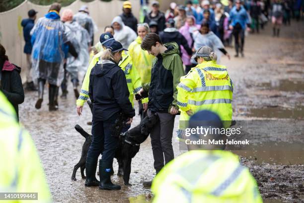 Police officers and a drug detection dog walk amongst festival goers at the entrance of Splendour in the Grass 2022 at North Byron Parklands on July...