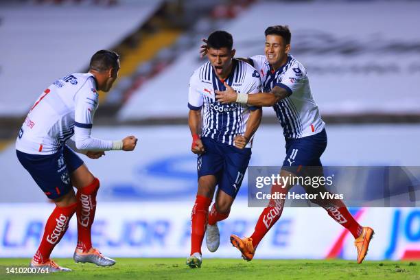 Jesus Gallardo of Monterrey celebrates with teammates after scoring his team’s third goal during the 4th round match between Queretaro and Monterrey...
