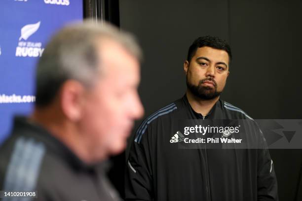 New Zealand All Black media manager Matt Manukia looks on as coach Ian Foster speaks to the media during a New Zealand All Blacks media opportunity...