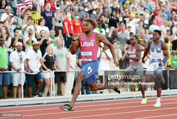 Noah Lyles of Team United States competes in the Men's 200m Final on day seven of the World Athletics Championships Oregon22 at Hayward Field on July...