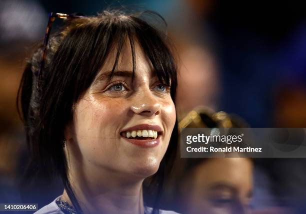 Billie Eilish attends a game between the San Francisco Giants and the Los Angeles Dodgers in the fifth inning at Dodger Stadium on July 21, 2022 in...