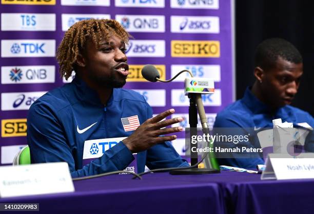 Gold medalist Noah Lyles of Team United States speaks during a press conference after winning the Men's 200m Final on day seven of the World...