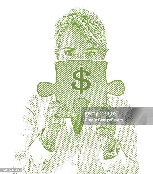 woman and financial uncertainty - vintage dollar sign white background stock illustrations