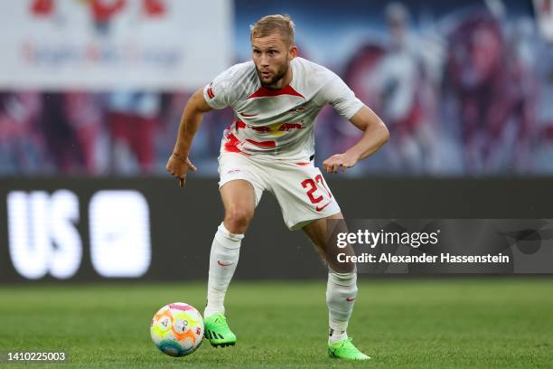 Konrad Laimer of Leipzig runs with the ball during the pre-season friendly match between RB Leipzig and Liverpool FC at Red Bull Arena on July 21,...