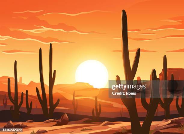 wunderschöner sonnenuntergang in der feurigen wüste - wild west stock-grafiken, -clipart, -cartoons und -symbole