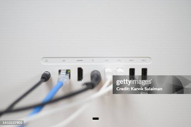 computer cables plugged with usb port - hub stock pictures, royalty-free photos & images