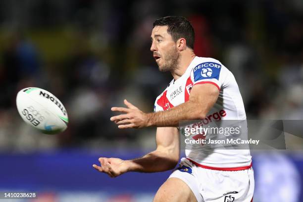 Ben Hunt of the Dragons passes during the round 19 NRL match between the St George Illawarra Dragons and the Manly Warringah Sea Eagles at Netstrata...