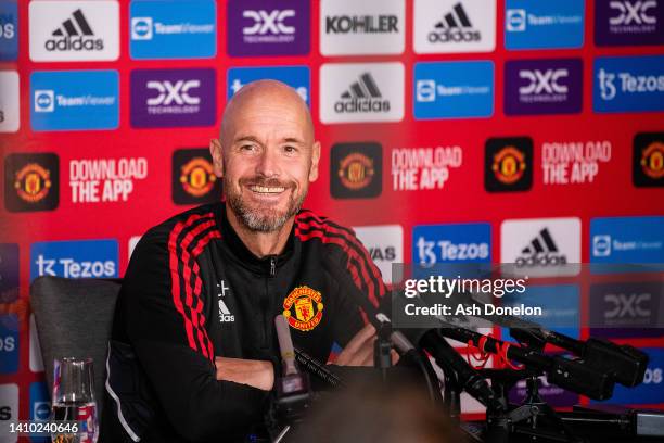 Manager Erik ten Hag of Manchester United speaks during a press conference at Optus Stadium on July 22, 2022 in Perth, Australia.