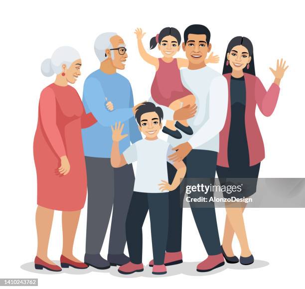 big family portrait. father, mother, children and grandparents. - grandmother portrait stock illustrations